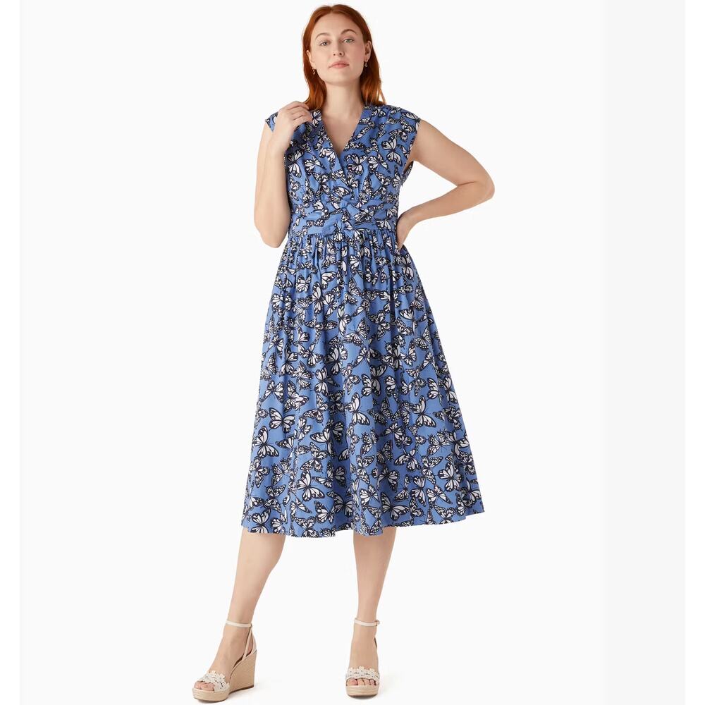 Kate Spade Poplin Bow‎ Butterfly Print Dress Blue V-Neck Midi Cotton Sz 12